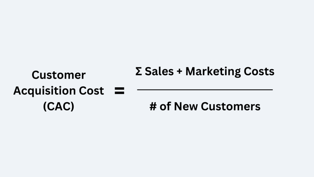 A formula showing Customer Acquisition Cost (CAC) equals the Sum of Sales and Marketing Costs divided by the number of new customers.