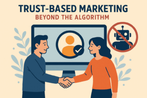 Illustration of two people shaking hands in front of a screen with a checkmark icon, promoting trust-based marketing over algorithm-driven automation, with a crossed-out robot symbol in the background.