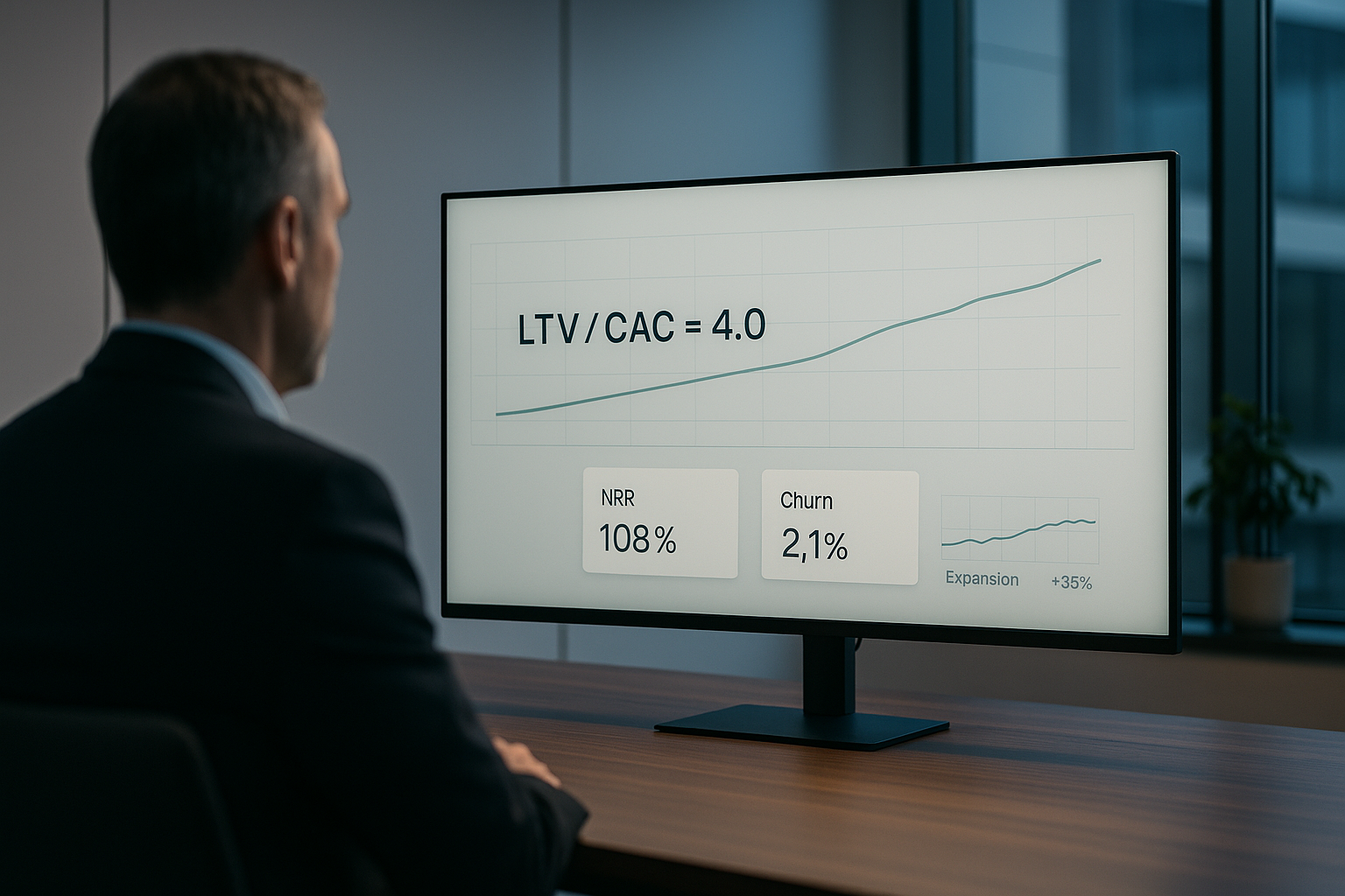 Here’s a clean, photorealistic prompt you can paste into your image generator: **Prompt** Photorealistic corporate office scene that symbolises a shift in B2B SaaS marketing from pure acquisition to lifetime value. A modern, uncluttered conference room at blue-hour dusk. Over-the-shoulder medium shot of a CMO seated at a walnut table, body slightly out of focus, facing a wall-mounted 34-inch ultrawide monitor. The screen shows a minimal, brand-neutral analytics dashboard with three clear elements only: 1. “LTV / CAC = 4.0” line trending gently upward, 2. “NRR 108%” small card, 3. “Churn 2.1% ↓” small card, plus a thin sparkline for “Expansion +35%”. UI style is sober: light grey background, thin gridlines, sans-serif labels, subtle teal accents; no logos or excessive widgets. Room has clean architectural lines and negative space; one potted plant with soft bokeh. No clutter, no papers, no coffee cups. **Photography & capture settings** • Camera: Sony A7R V (full-frame, 61 MP) • Lens: 50 mm prime • Shot type: eye-level, over-the-shoulder, subject on left third, monitor centred • Aperture: f/2.8 (shallow DoF to keep the dashboard crisp and the subject tastefully blurred) • Shutter: 1/125 s • ISO: 200 • White balance: 5000 K (neutral) • Focus: single-point AF on the “LTV / CAC” text • Polarising filter to reduce screen glare and tame reflections **Lighting** Large north-facing window camera-right for soft natural key; dimmable 4000 K overhead practicals as fill; small black flag to prevent spill on the screen; gentle rim from a hidden LED strip behind the monitor for separation. No harsh shadows, smooth falloff. **Composition & colour** Rule of thirds, clean leading lines from the table edge toward the screen. Palette: cool greys, matte black, walnut brown, restrained teal for data accents only. Plenty of negative space to avoid visual noise; realistic monitor reflections kept subtle. **Post-processing** High dynamic range without HDR look; natural contrast; accurate skin tones; slight clarity on the screen area only; mild noise reduction; lens profile corrections; no added bloom or sci-fi glow. Maintain a documentary, boardroom realism. **Output** 16:9 aspect ratio, 7680×4320 (8K). Ultra-sharp detail on the dashboard labels; all on-screen text must be legible but minimal. No brand marks, no stock-style infographics, no maximalist elements. The single, clear focal message is that lifetime-value metrics (LTV/CAC, NRR, churn, expansion) drive sustainable growth.